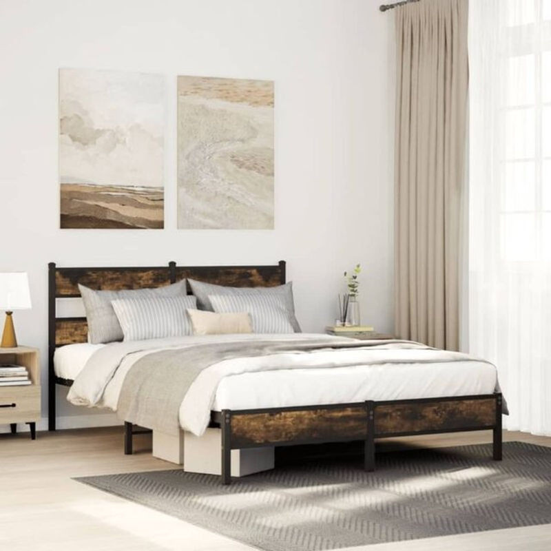 Bettgestell Vidaxl aus Holzwerkstoff und Stahl in Räuchereiche Braun, B/H: 107 x 200 cm - Bild 1
