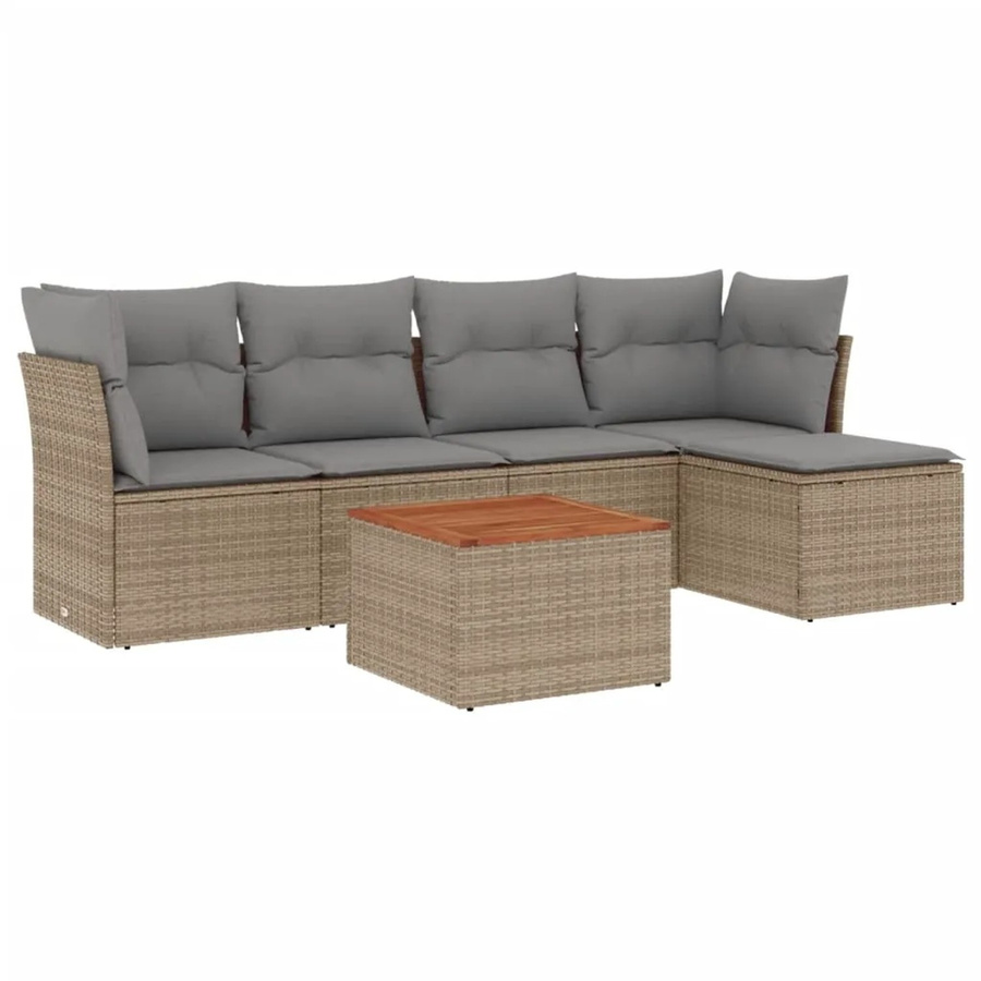 vidaXL 6-teilige Garten-Sofagarnitur in L-Form aus Poly-Rattan und Akazienholz mit beigen Polstern in Beige - Bild 2