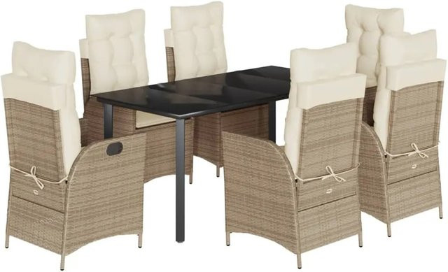 vidaXL 7-teilige Garten-Essgruppe aus Poly Rattan mit Kissen und Glastisch in Beige - Bild 1