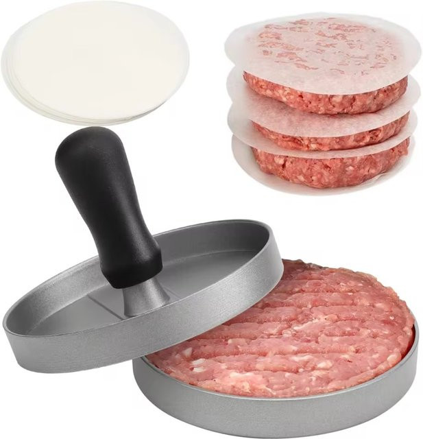 Antihaftbeschichtete Burgerpresse aus Aluminium in Silber für perfekte Hamburger-Patties inklusive Wachspapier - Bild 1