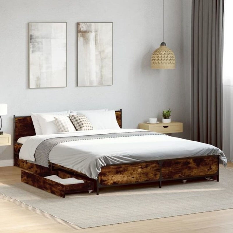 Vidaxl Funktionsbett mit Schubladen aus Holzwerkstoff und Stahl in Räuchereiche Braun B/T/H: 135 x 190 cm - Bild 1