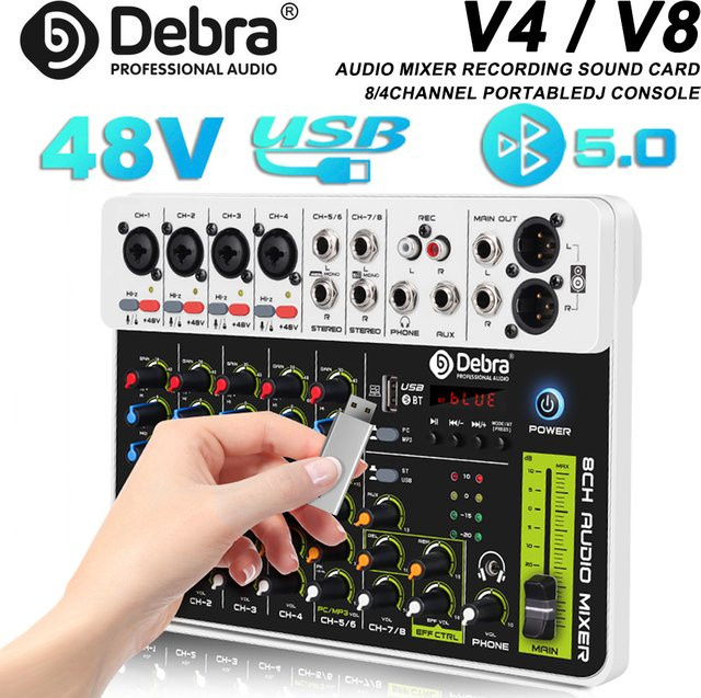 Debra V4/V8 Audio Interface Mixer mit Bluetooth 5.0, Phantomspeisung und Delay-Replay-Effekten in Weiß - Bild 1