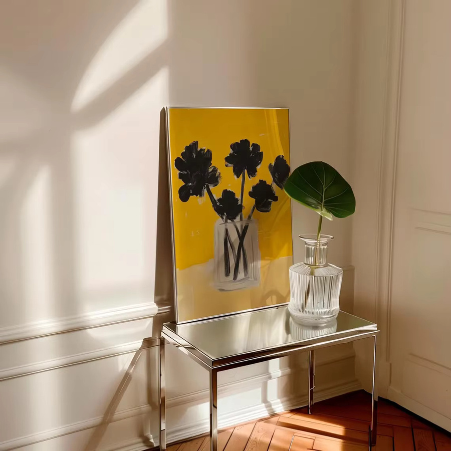 Abstrakter floraler Wandkunstdruck von SHENCHEN mit schwarzen Blumen in gelber Vasenillustration, modernes botanisches Poster als digitaler Download - Bild 4