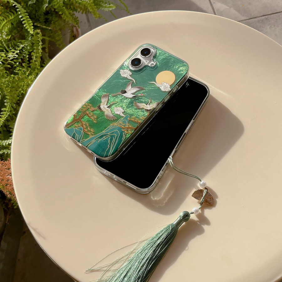 TROPLET Handyhülle im chinesischen Stil mit Kranich und Quaste für iPhone 17 16 15 14 13 Pro Max, Farbe: Grün - Bild 4