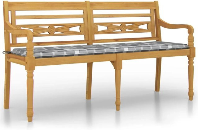 vidaXL Batavia Gartenbank aus Teak-Massivholz mit Kissen in Grau Karomuster, Breite: 150 cm - Bild 1
