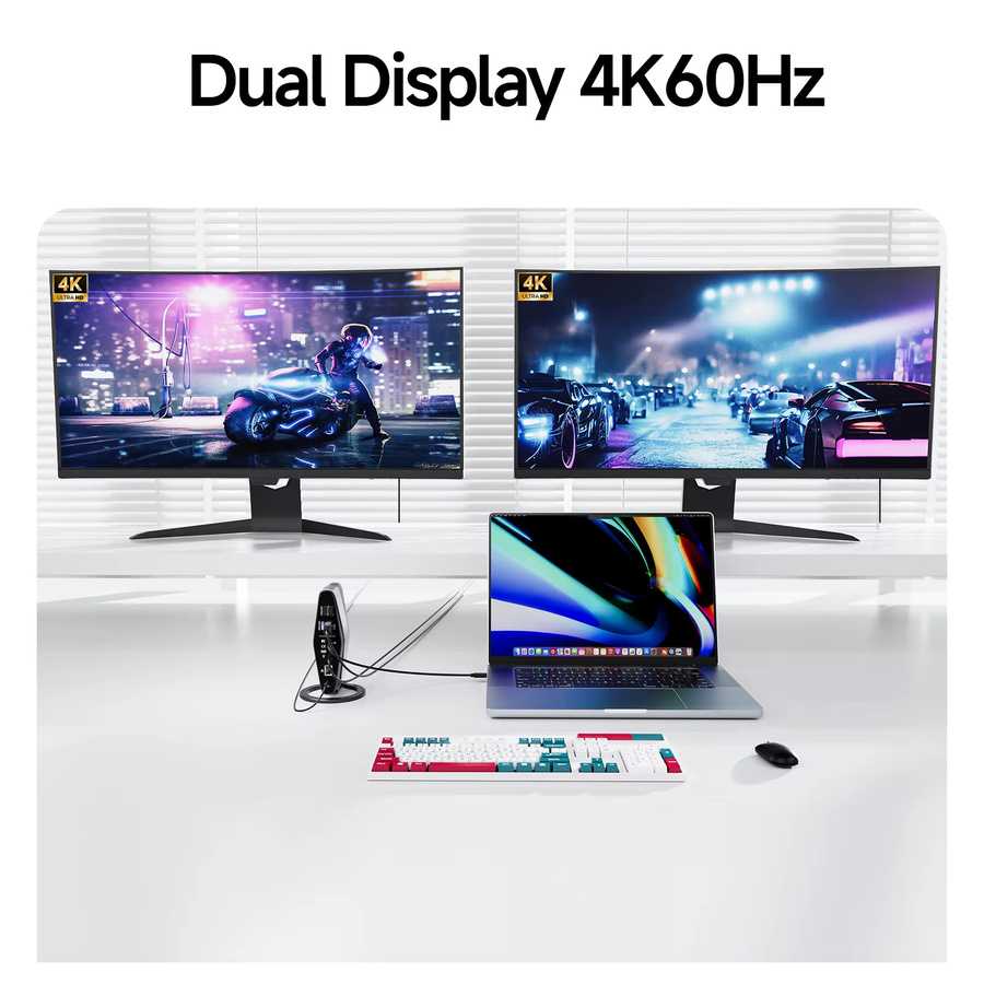 PULWTOP Thunderbolt 3 Dockingstation mit Dual-Monitor 4K-Display, 40 Gbit/s, SD/TF 4.0 sowie USB-A und USB-C Anschlüssen, Grau - Bild 4