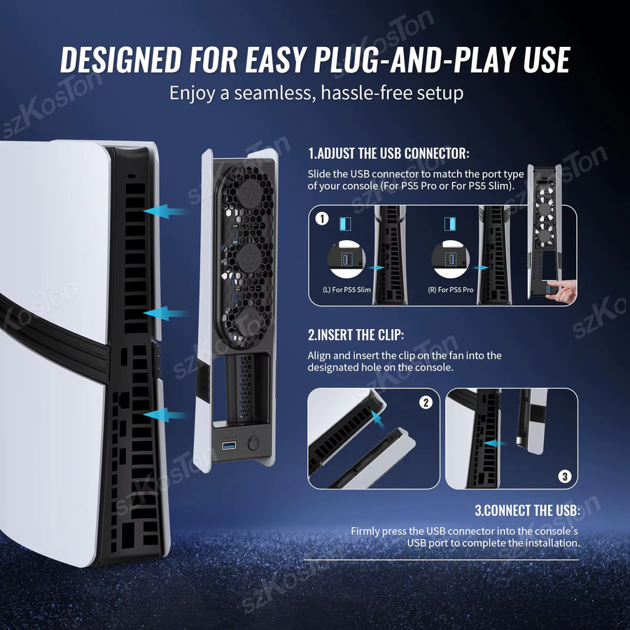 SZKOSTON Externer Lüfterkühler mit LED-Licht für PS5 Pro und PS5 Slim Disc Digital Edition in Schwarz oder Weiß - Bild 3