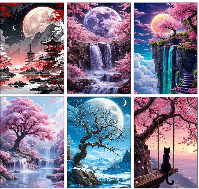 XUEQIXIAOZU DIY Diamantmalerei Set Fantasy Mond Baum Landschaft mit Vollbohrern als Mosaik Stickerei für dein Home Decor - Bild 1
