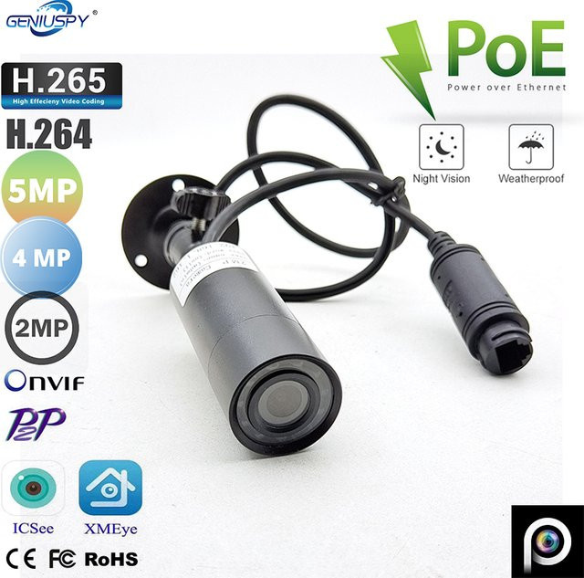 GENIUSPY Miniatur IP-Kamera Schwarz mit 4MP/5MP Auflösung, PoE, Wasserdicht für den Außenbereich, Tag- und Nachtsicht mit Infrarot und ONVIF-Unterstützung - Bild 1