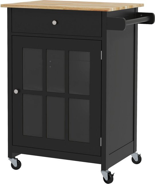 HOMCOM Küchenwagen aus Gummibaumholz mit Schublade und Rollen, Schwarz und Eiche, B/T/H: 67 x 48 x 86,5 cm - Bild 1