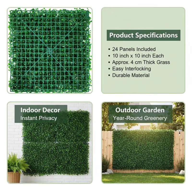 24er Set Künstliche Pflanzenwand als Sichtschutzhecke aus PE, Buchsbaumpaneele in Grün, B/H: 25 x 25 cm - Bild 3