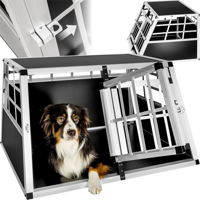 tectake Hundetransportbox Doppel aus Aluminium und furniertem Holz mit gerader Rückwand und Gittertür, Schwarz, B: 89 cm, T: 69 cm, H: 50 cm - Bild 1