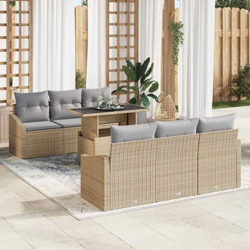 7-teiliges Polyrattan Garten-Sofa-Set von Vidaxl in Beige und Grau mit Glastisch, modern und minimalistisch, B/T/H: 100 x 55 x 73 cm - Bild 1