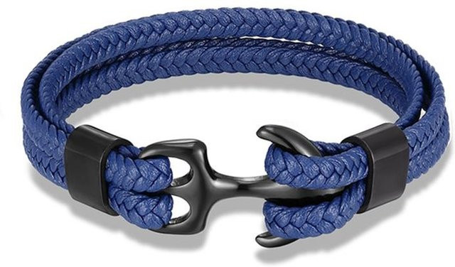 Armband, Marineblau, Anker, Geflochten, Mehrschichtig, Leder, Schwarz, Edelstahl, 21cm, Unisex - Bild 1