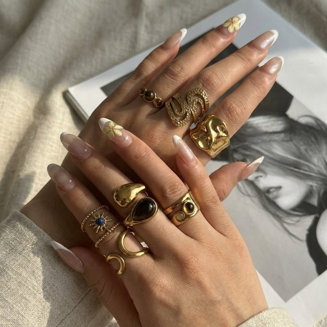 Harlermoon Stapelring, Edelstahl, Gold, Kristall, Damen, Vintage - Bild 1