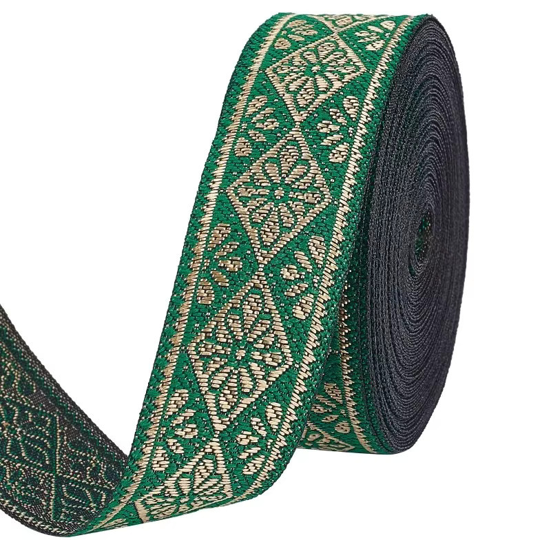 Vintage-Jacquardband in Grün mit geometrischer Stickerei und Fransen, 9 Yards, Breite: 2,5 cm - Bild 7