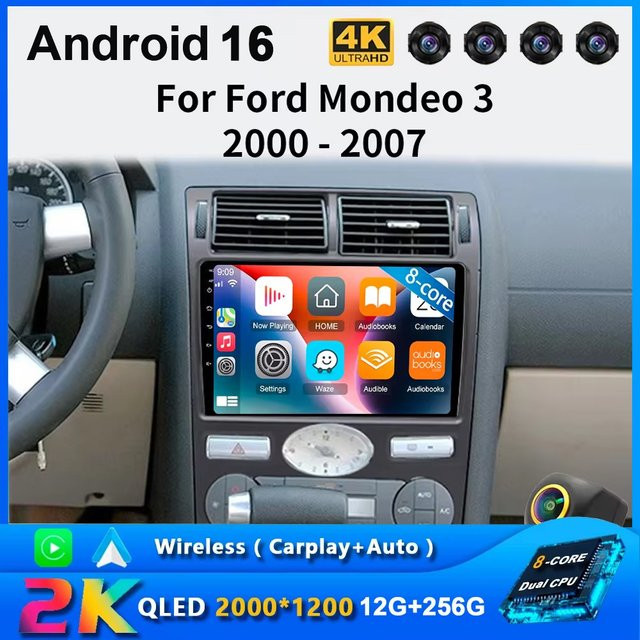 TIEYEZ Android 16 Auto-Radio für Ford Mondeo MK 3 (2000-2007) mit Carplay, Android Auto, 4G, WIFI und GPS in Schwarz - Bild 1