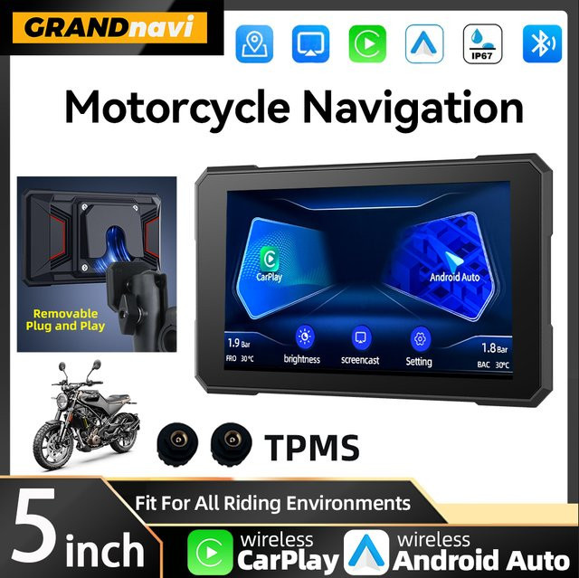 Grandnavi 5-Zoll Motorrad-Navigation mit GPS, Bluetooth, Wireless CarPlay und Android Auto, Magnetische Schnellverschlusshalterung, Schwarz - Bild 1