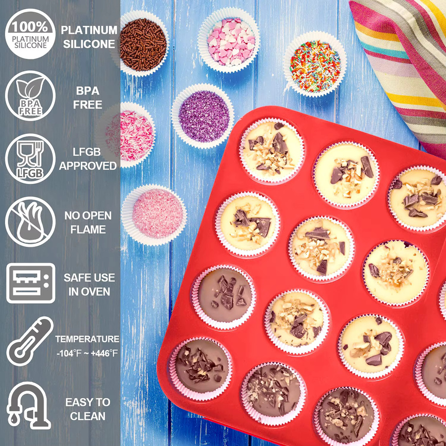 Venlohome Silikon-Muffinform in Rot mit 12 Fächern, antihaftbeschichtetes Cupcake-Tablett für Muffins, Cupcakes und Gebäck - Bild 5