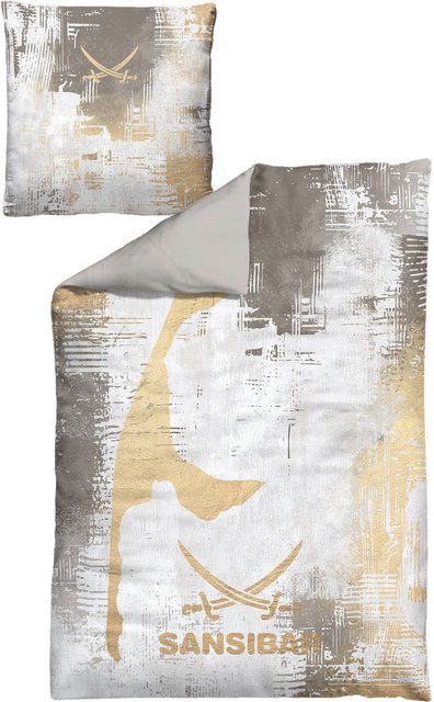 Bettwäsche SANSIBAR Mako-Satin mit Grafikprint, Reversibel, Anthrazit Grau Beige, B/H: 155 x 220 cm und 80 x 80 cm - Bild 1