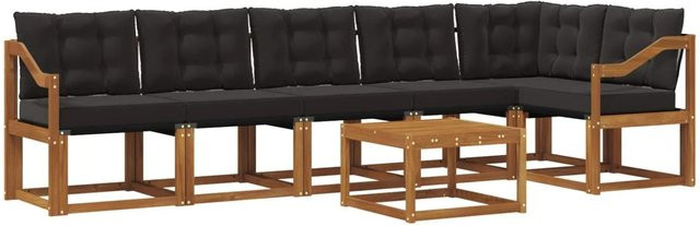 vidaXL Outdoor-Sofagarnitur 7-teilig aus Akazienholz und Textilene in Schwarz und Natur mit Kissen und Armlehnen - Bild 1