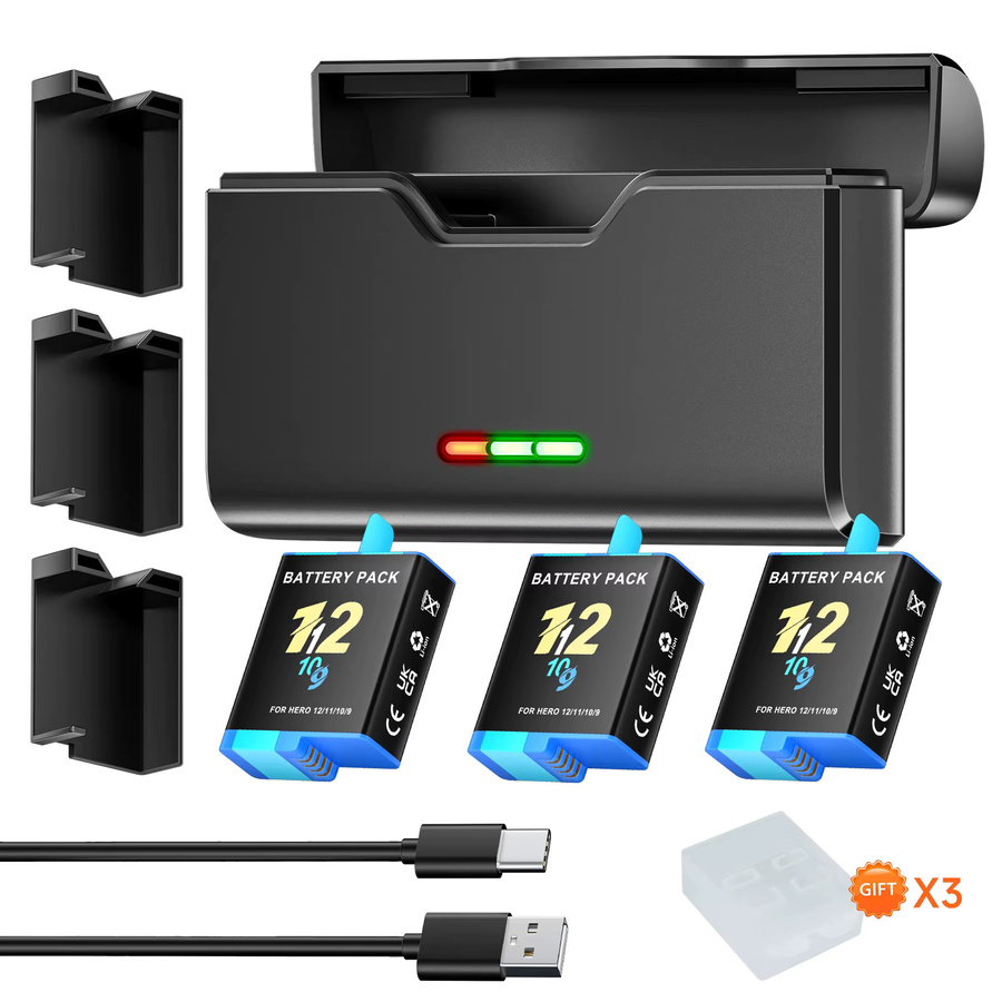 GoPro Ersatzakku-Set für Hero 12 11 10 9 mit 2000mAh Akku und 3-Slot-LED-USB-Schnellladegerät in Schwarz - Bild 9