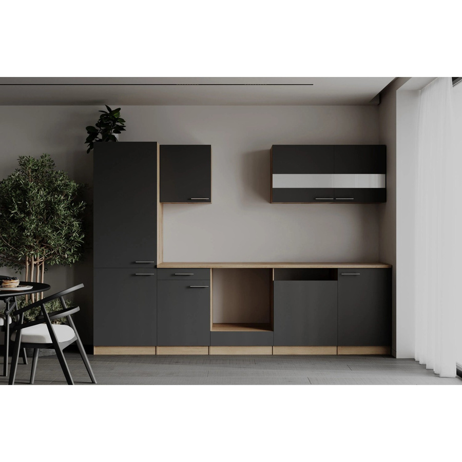 Respekta Küchenzeile Merle modern in Grau mit Eiche Sägerau Nachbildung und Soft-Close-Glasfronten, Breite: 280 cm, Höhe: 200 cm - Bild 2