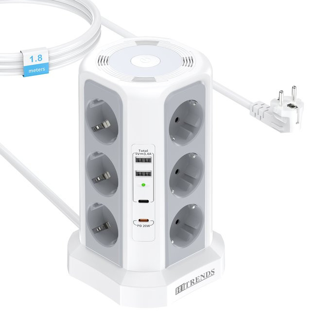 HITRENDS 12-Wege-Steckdosenturm in Weiß mit Nachtlicht, 2 USB-A und 2 USB-C Anschlüssen sowie Überspannungsschutz und 1,8 m Kabel - Bild 1