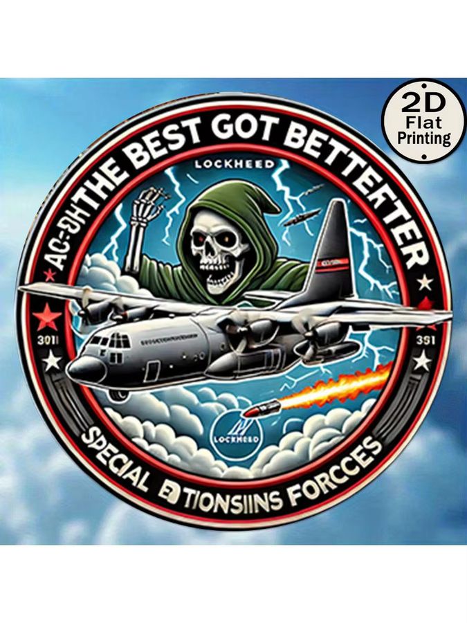 Potdemiel Vintage Metallwandschild rund mit Special Forces Abzeichen und Lockheed C-130 Hercules Design, Durchmesser: 20,32 cm - Bild 7