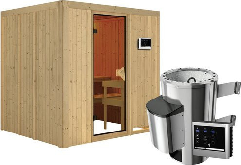 Karibu Sauna Olai aus Fichtenholz in Beige inklusive 3,6 kW Saunaofen mit externer Steuerung für 3 Personen, B/T/H: 198 x 170 x 196 cm - Bild 1