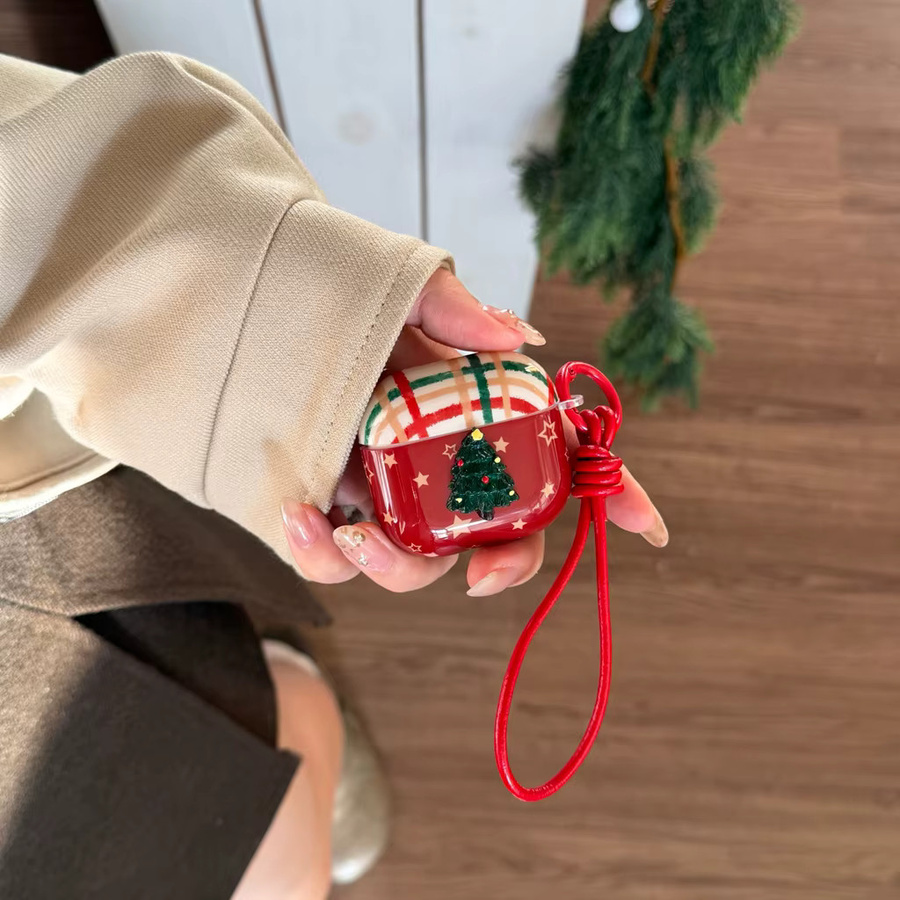 Apple AirPods Schutzhülle mit Weihnachtsbaum-Gittermuster und Sternen in Rot/Mehrfarbig inklusive Lanyard für AirPods 1, 2, 3, 4 und Pro 2 - Bild 3