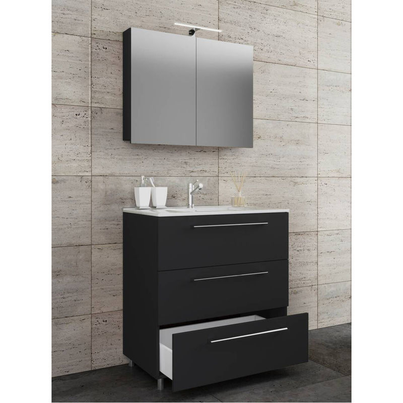 VCM 3-tlg. Badmöbel Set in Schwarz mit Unterschrank, Waschbecken und Spiegelschrank, B/H/T: 60 x 86 x 46 cm - Bild 3