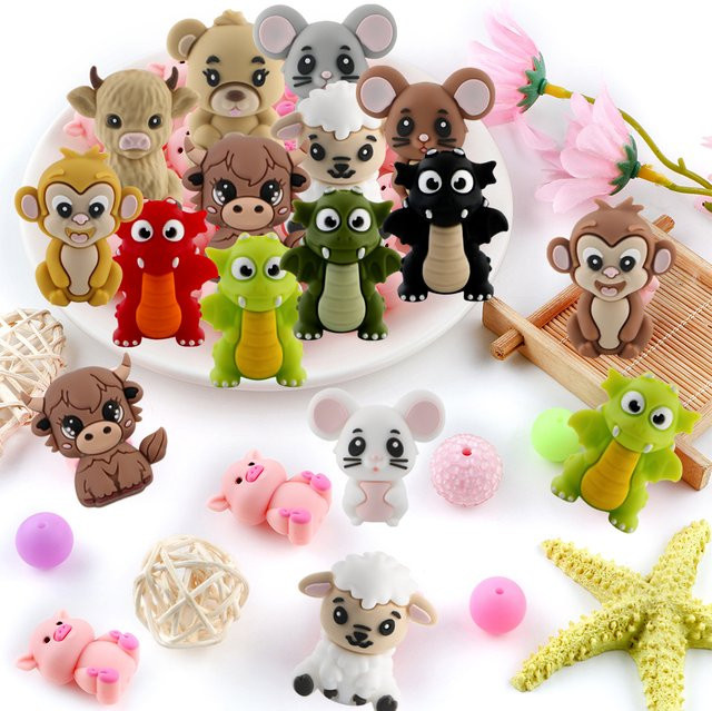 kovict Silikon Perlen, Dinosaurier, Kuh, Affe, Bunt, Unisex - Bild 1
