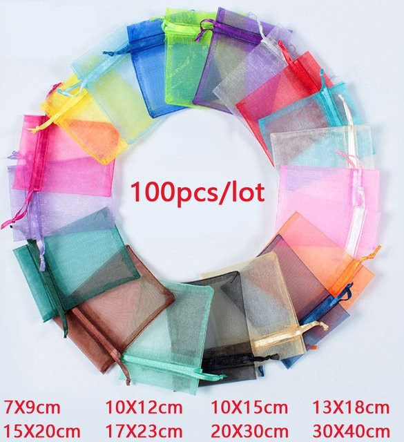 100 Organzabeutel mit Kordelzug für Hochzeit und Schmuck, Multicolor, B/H: 9 x 12 cm - Bild 1