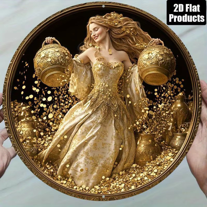 Rundes Aluminiumschild Potdemiel Göttin des Reichtums in Gold als dekorative Kunst für Zuhause und Büro - Bild 4