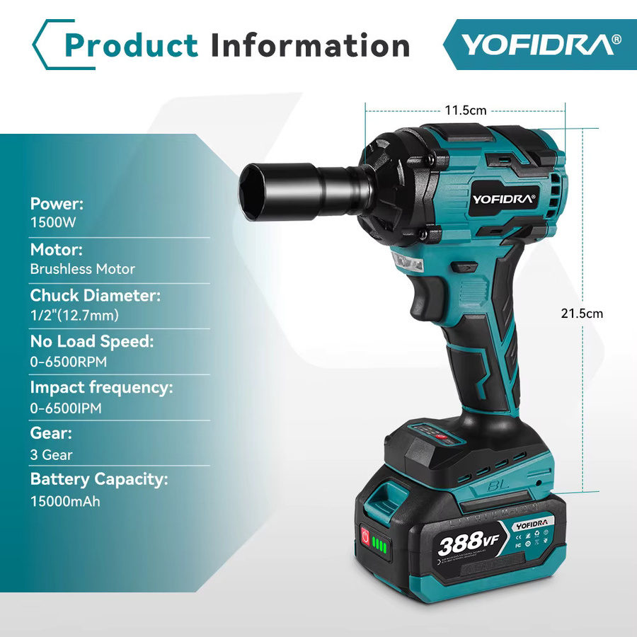YOFIDRA Bürstenloser elektrischer Schlagschrauber 1500 W mit 1000 N.m Drehmoment, 1/2 Zoll Akkuschrauber und Bohrer Set, kompatibel mit Makita 18-21 V Akku - Bild 6