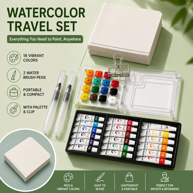 Mini-Reise Aquarellfarben-Set mit 18 Farben, Skizzenbuch, Wasserpinseln und Palette in Multicolour - Bild 1