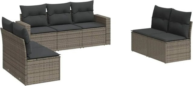 vidaXL 7-tlg. Garten-Sofagarnitur in L-Form aus Poly-Rattan in Grau mit Kissen und Polsterung - Bild 1