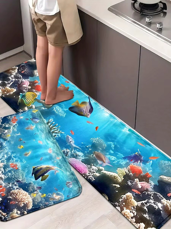 VIKAMA Ocean World Teppich mit Korallenriff und Fischschule in Multicolour, Nordic Style Fußmatte für Badezimmer und Küche, B/T: 60 x 40 cm - Bild 5