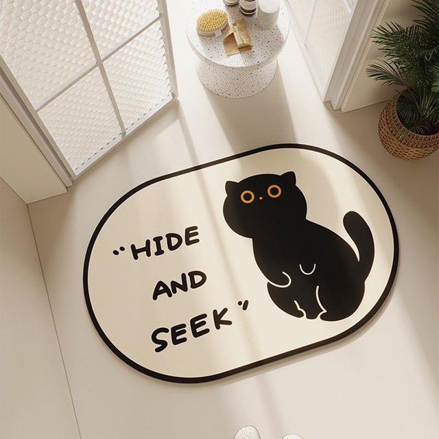 Saugfähige Kieselgur Fußmatte mit Cartoon Katze von Yiran Furniture, rutschfest und oval, Mehrfarbig, B: 80 cm, T: 50 cm - Bild 1
