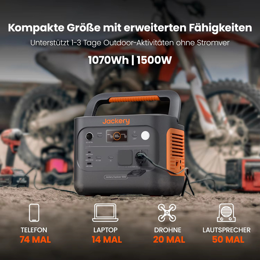 Jackery Explorer 1000 v2 Tragbare Powerstation mit 1070Wh LiFePO4 Akku, 1500W AC und USB-A/USB-C Anschlüssen, Schwarz/Orange - Bild 2