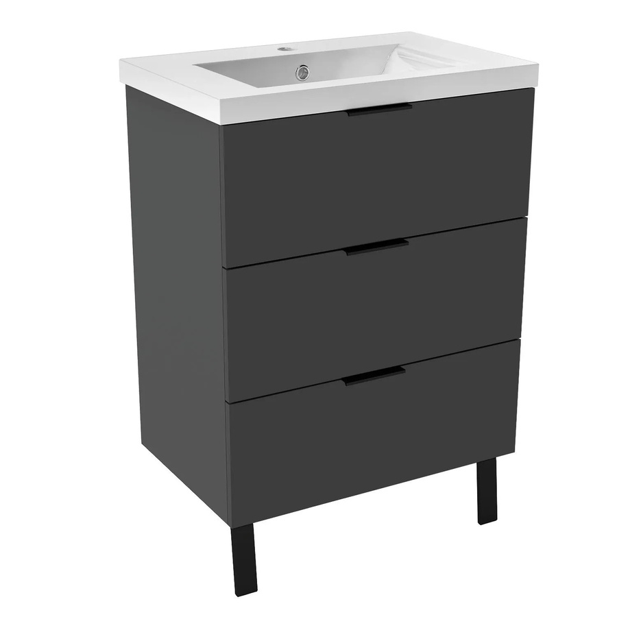 AICA Badmöbel Kantin 2-teiliges Badezimmerset mit Keramik Waschtisch und Unterschrank sowie Standschrank in Anthrazit Hochglanz mit Softclose Schubladen und Griffen - Bild 2