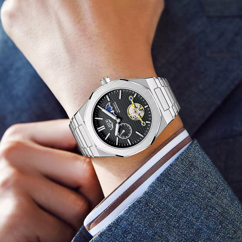 LIGE Armbanduhr Automatik, Mondphase, Edelstahl, Herren, Schwarz, Silber - Bild 4