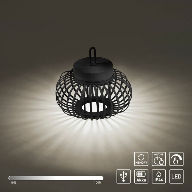 Just Light Akuba LED-Akku-Pendelleuchte aus Bambusgeflecht in Schwarz, dimmbar, IP44, Höhe: 22 cm, Durchmesser: 25 cm - Bild 1