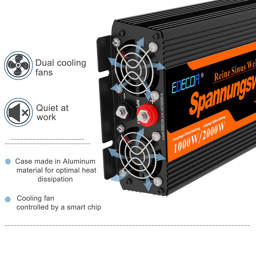 EDECOA Reiner Sinus-Wechselrichter 1000W DC 12V zu AC 220V 230V Netzunabhängiger Konverter in Schwarz - Bild 5