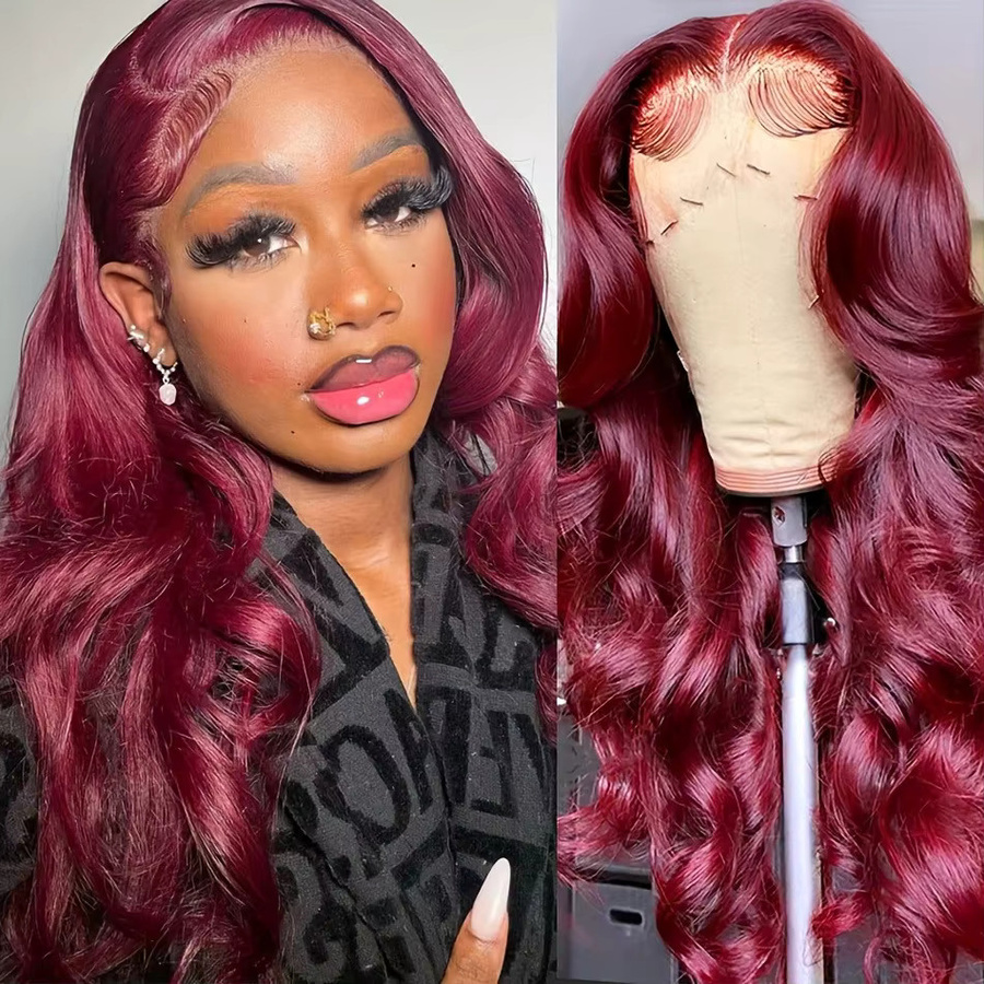 UVEOUS Echthaarperücke, Body Wave, Burgunderrot, 13x4 Lace Frontal, Damen - Bild 2