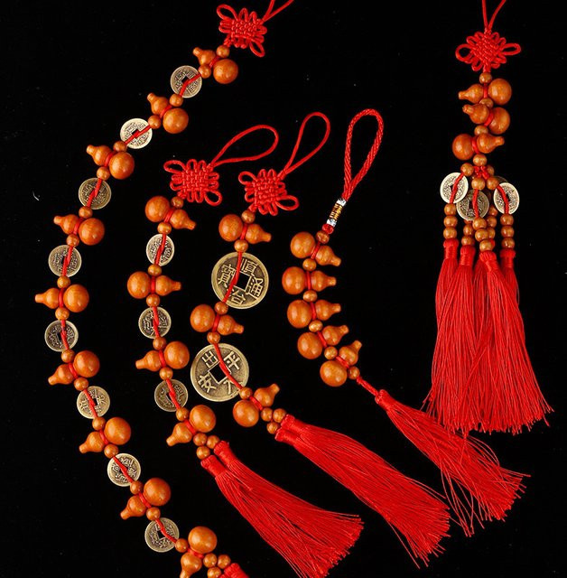 SHNGki Glücksbringer Türbehang mit chinesischem Knoten, Kürbis aus Massivholz und Kupfer-Münzanhänger zur Dekoration - Bild 1