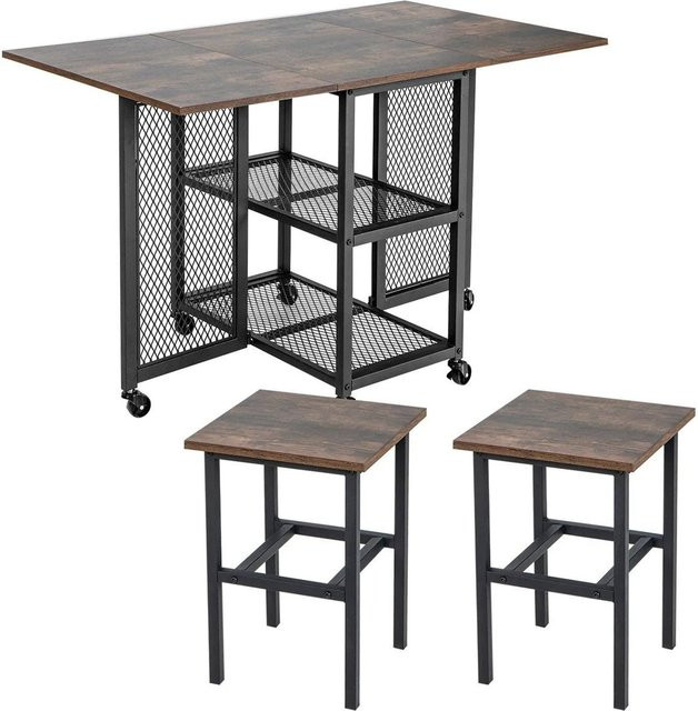 Costway Klappbarer Küchentisch mit 2 Hockern und 2 Regalen in Braun und Schwarz, aus MDF und Metall, mit Rollen und ausklappbarer Tischplatte - Bild 1
