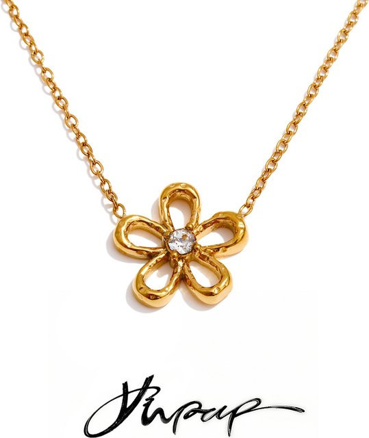 Yhpup Halskette mit Blumen-Anhänger, Edelstahl, Gold, Zirkonia - Bild 1