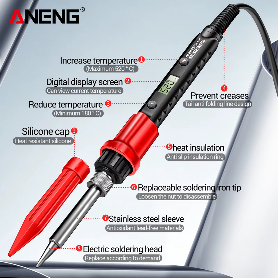 ANENG SL105 Digitaler Lötkolben mit 60W Leistung und einstellbarer Temperatur 180 bis 520 Grad Celsius in Rot - Bild 4
